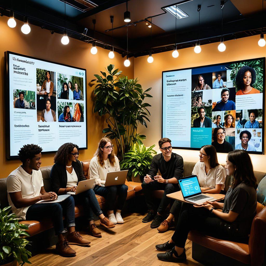 A diverse group of people gathered around a large digital screen displaying various blog posts and narratives, showcasing their connections and life stories. In the background, there are colorful speech bubbles containing snippets of personal updates. The scene radiates warmth and community spirit with vibrant colors, plants, and cozy seating arrangements. Include elements like laptops, tablets, and coffee cups to emphasize a casual, collaborative atmosphere. super-realistic. vibrant colors. warm lighting.