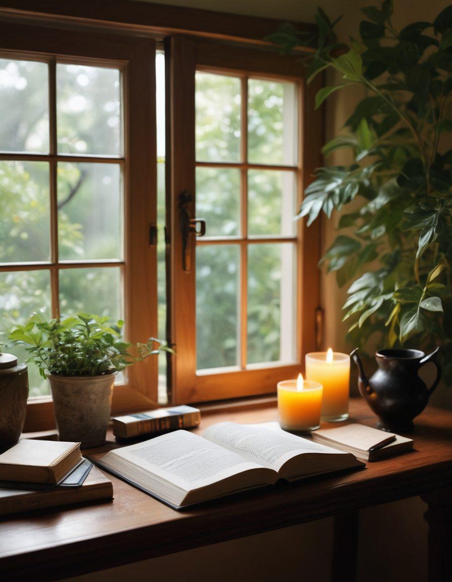 A serene scene featuring a cozy writing nook with an open diary, ink pen, and steaming cup of tea. Surround the nook with lush greenery, soft sunlight filtering through the window, and personal mementos like photos and travel souvenirs. Add gentle swirls of abstract thoughts in the air, symbolizing insights being gathered. The overall mood should be reflective and inviting. super-realistic. vibrant colors. soft focus.