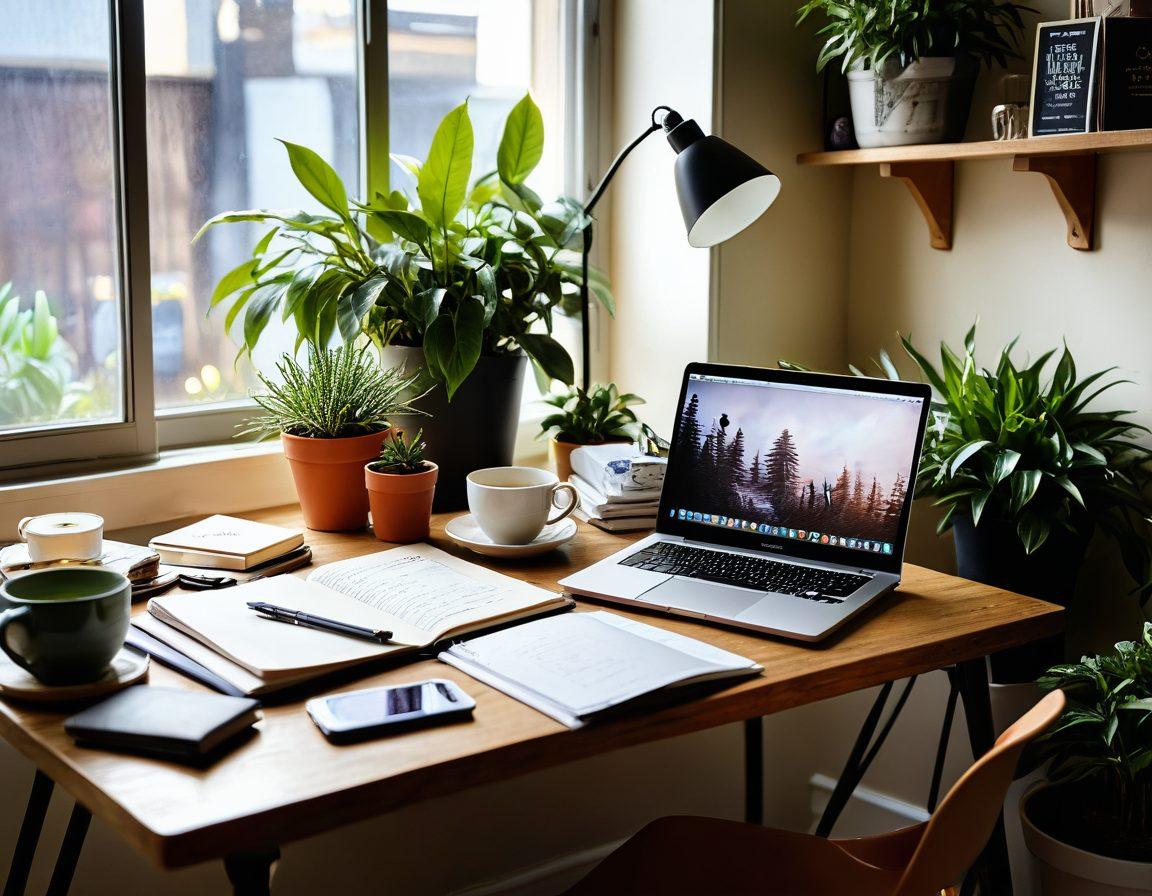 A cozy, inviting workspace featuring a beautifully arranged blogging diary overflowing with colorful notes and vibrant sketches, surrounded by a steaming cup of tea, potted plants, and a soft, warm light illuminating the scene. Include a laptop with an open blog page, symbolizing the transition from insights to advice. super-realistic. warm colors. natural lighting.